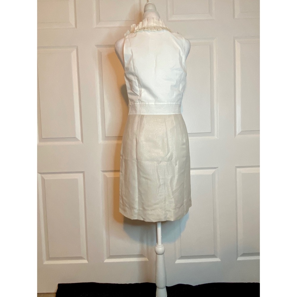 Ann Taylor Loft White Champagne Metallic Ruffle V-Neck Sheath Dress Size 4 - Picture 2 of 5